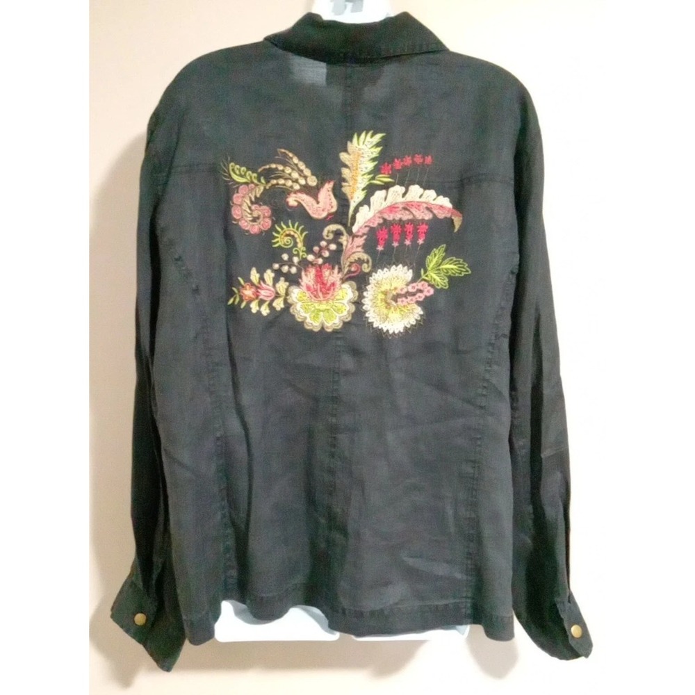 NY Design Co. Women Black Collared Button Up Embroidered floral Shirt Size 2x